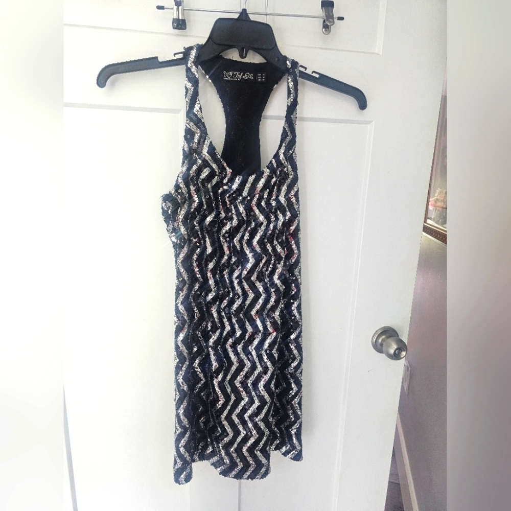 Zara TRF Black Chevron Sequin Mini Dress | Racerback Medium M